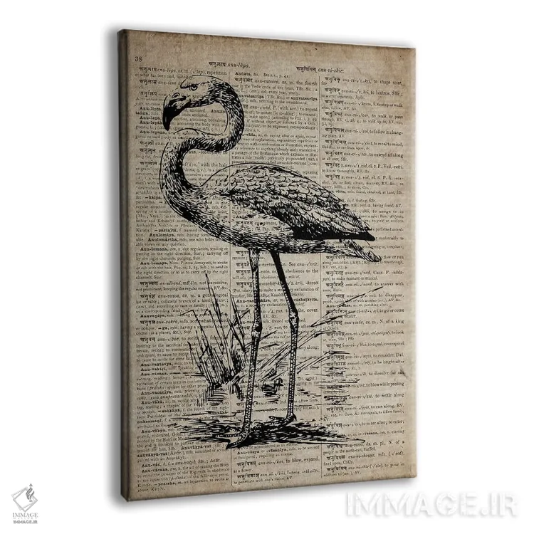 تابلو دکوراتیو چاپ حکاکی فلامینگو سوم روی کاغذ فرهنگ لغت قدیمی اثر فیشرکرافت - نمای پرسپکتیو محصول
