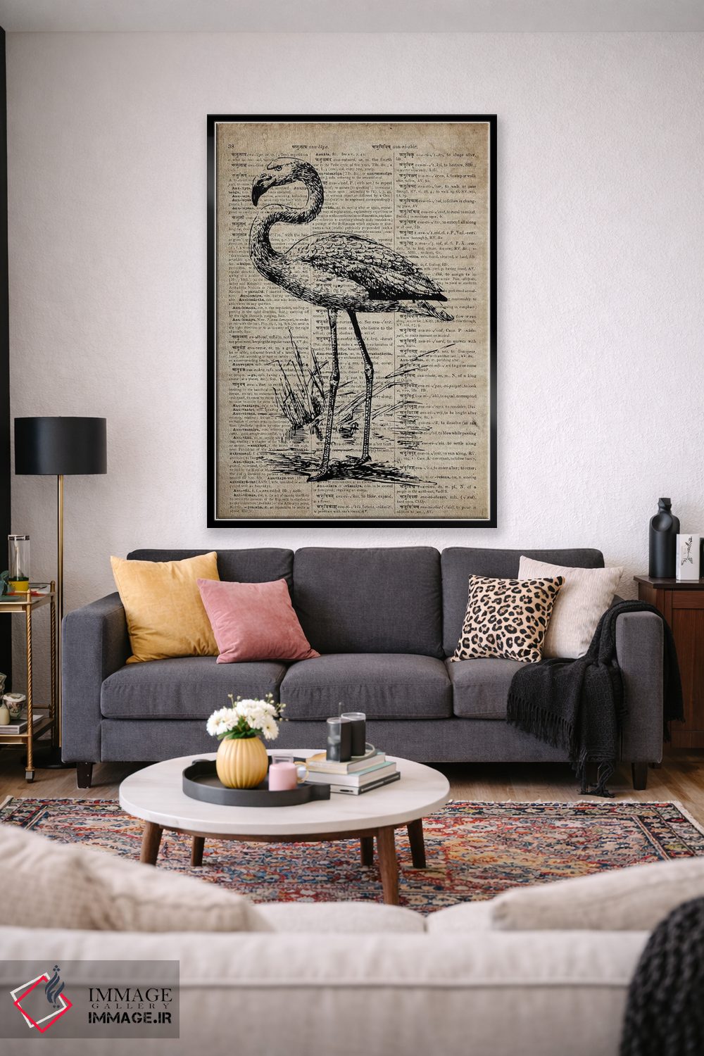 تابلو دکوراتیو چاپ حکاکی فلامینگو سوم روی کاغذ فرهنگ لغت قدیمی اثر فیشرکرافت - D1B