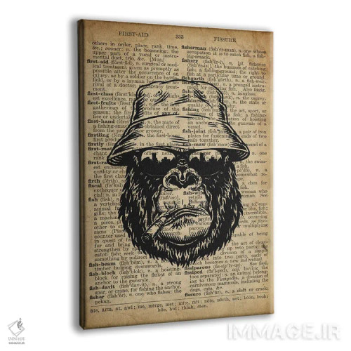 تابلو دکوراتیو گوریل باحال روی کاغذ دیکشنر قدیمی اثر فیشرکرافت - نمای پرسپکتیو محصول