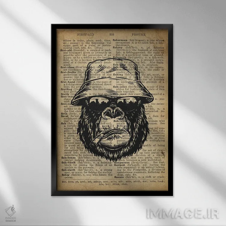تابلو دکوراتیو گوریل باحال روی کاغذ دیکشنر قدیمی اثر فیشرکرافت - نمای قابدار مشکی