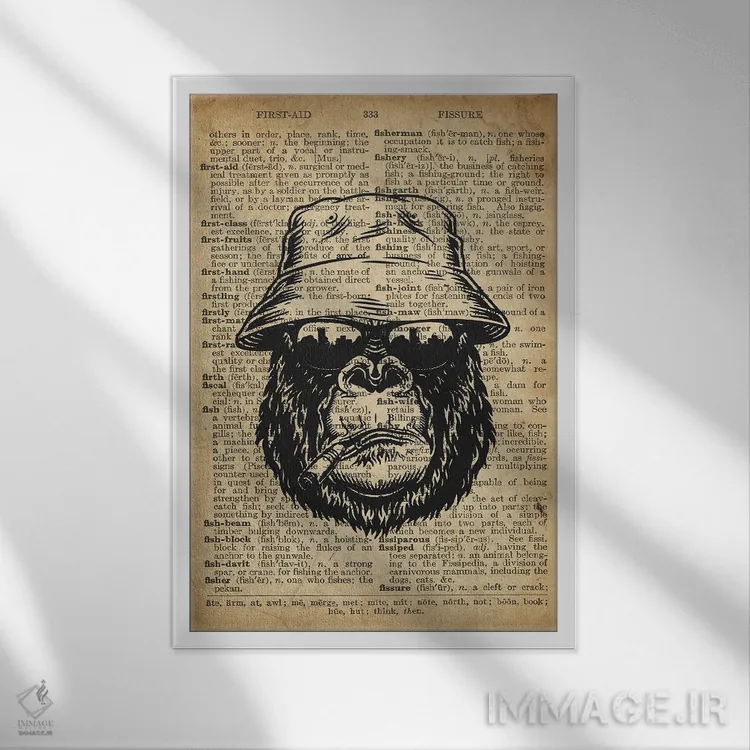 تابلو دکوراتیو گوریل باحال روی کاغذ دیکشنر قدیمی اثر فیشرکرافت - نمای قابدار سفید