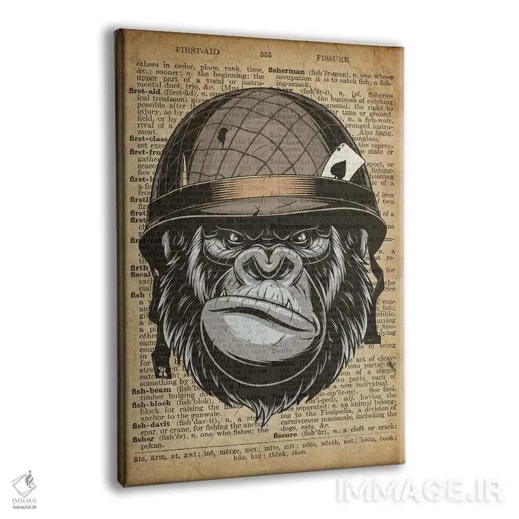تابلو دکوراتیو غرش گوریل روی کاغذ دیکشنر قدیمی اثر فیشرکرافت - نمای پرسپکتیو محصول