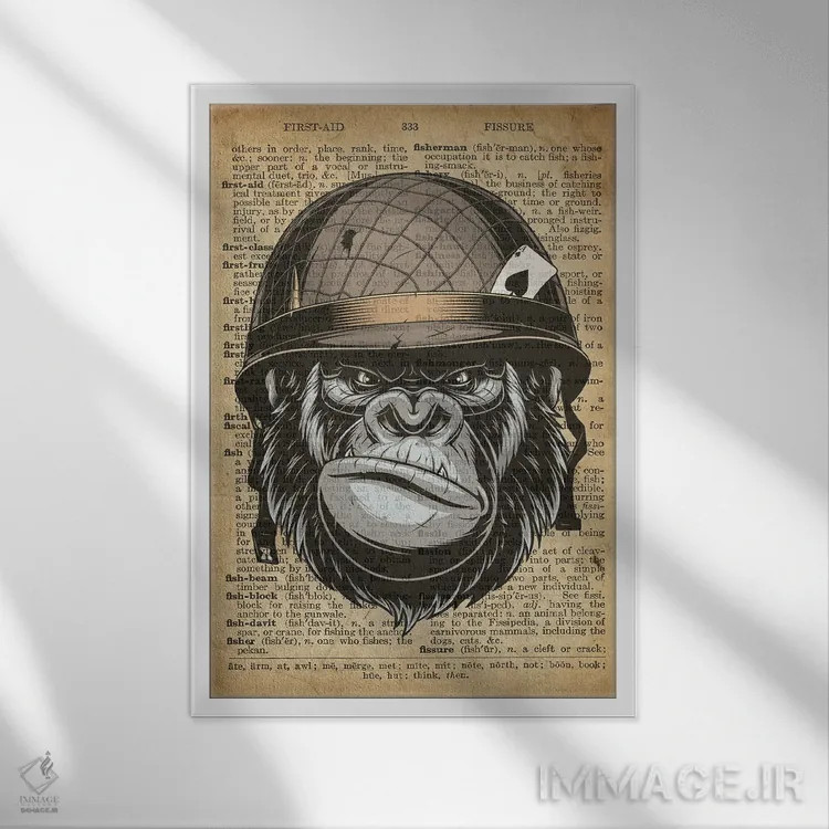 تابلو دکوراتیو غرش گوریل روی کاغذ دیکشنر قدیمی اثر فیشرکرافت - نمای قابدار سفید