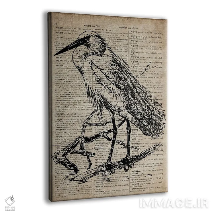 تابلو دکوراتیو چاپ کنده کاری حواصیل XI روی کاغذ دیکشنر قدیمی اثر فیشرکرافت - نمای پرسپکتیو محصول