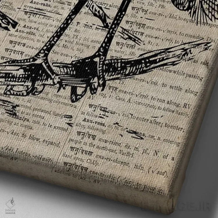 تابلو دکوراتیو چاپ کنده کاری حواصیل XI روی کاغذ دیکشنر قدیمی اثر فیشرکرافت - نمای نزدیک بافت بوم