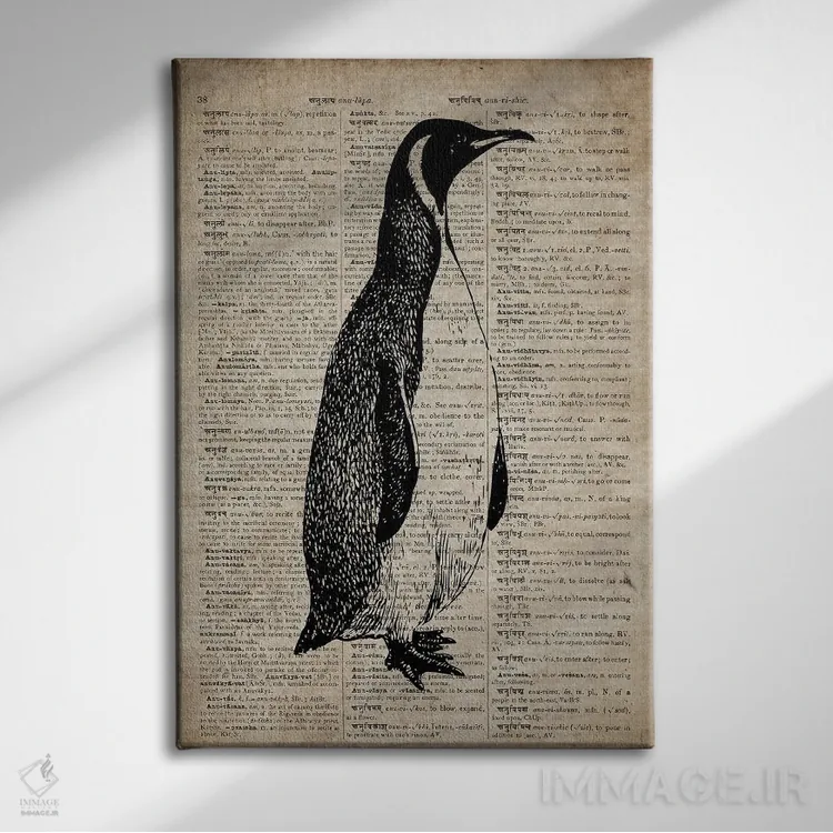 تابلو دکوراتیو چاپ کنده کاری پنگوئن IX روی کاغذ دیکشنر قدیمی اثر فیشرکرافت - نمای روبهرو روی دیوار