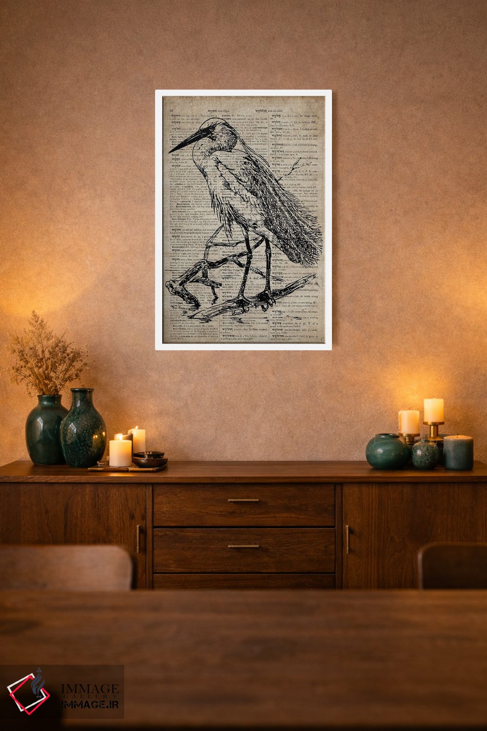 تابلو دکوراتیو چاپ کنده کاری حواصیل XI روی کاغذ دیکشنر قدیمی اثر فیشرکرافت - D1W