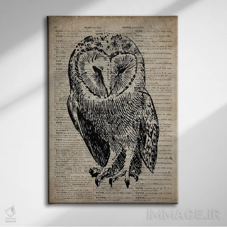 تابلو دکوراتیو چاپ کنده کاری جغد V روی کاغذ دیکشنر قدیمی اثر فیشرکرافت - نمای روبهرو روی دیوار