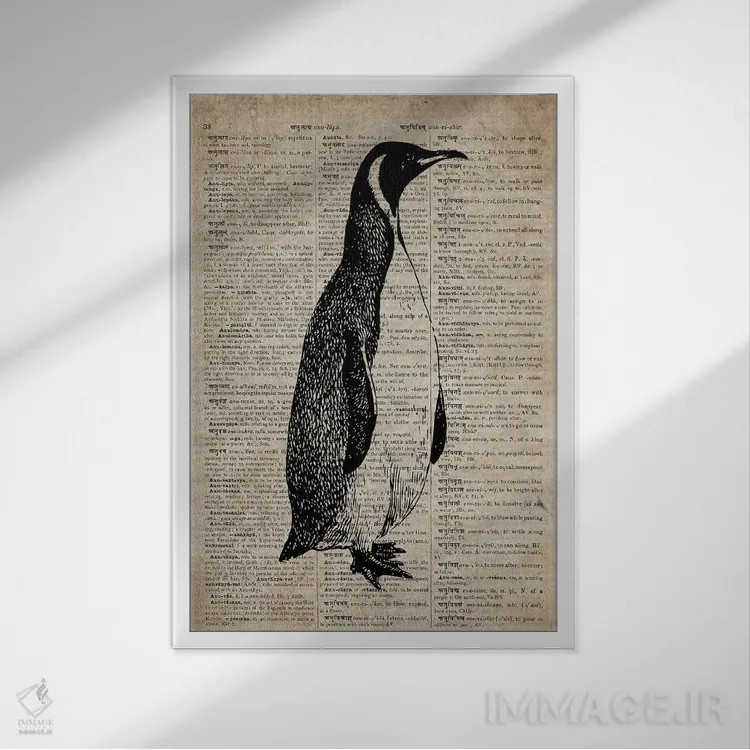 تابلو دکوراتیو چاپ کنده کاری پنگوئن IX روی کاغذ دیکشنر قدیمی اثر فیشرکرافت - نمای قابدار سفید