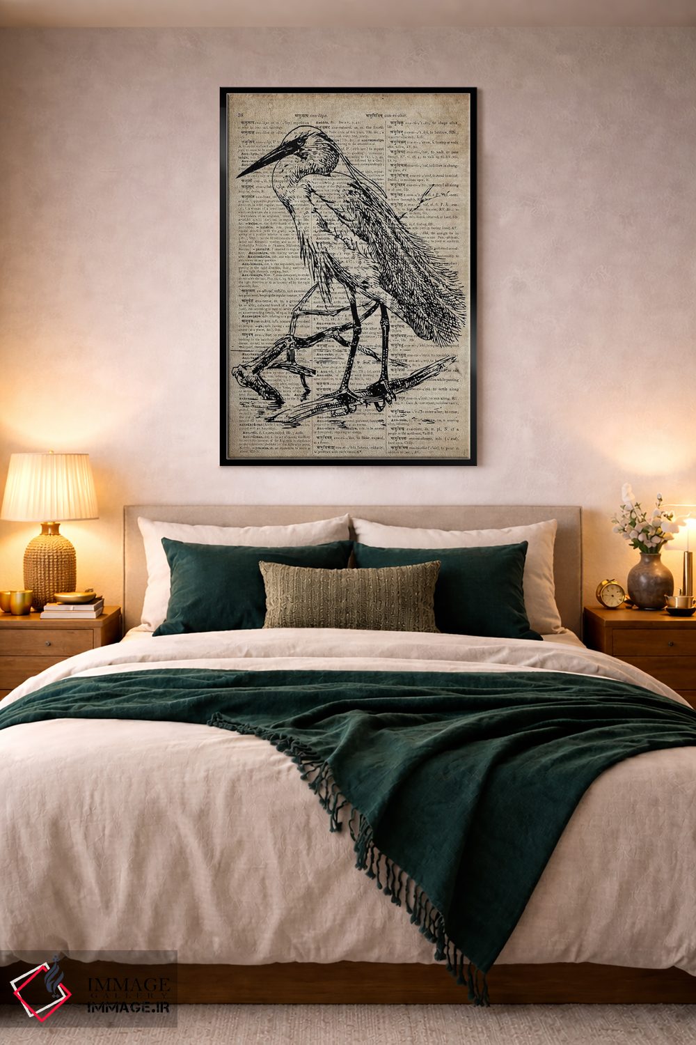 تابلو دکوراتیو چاپ کنده کاری حواصیل XI روی کاغذ دیکشنر قدیمی اثر فیشرکرافت - D3B