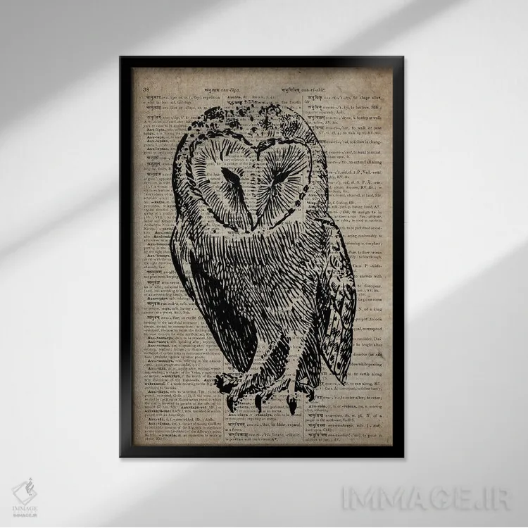 تابلو دکوراتیو چاپ کنده کاری جغد V روی کاغذ دیکشنر قدیمی اثر فیشرکرافت - نمای قابدار مشکی