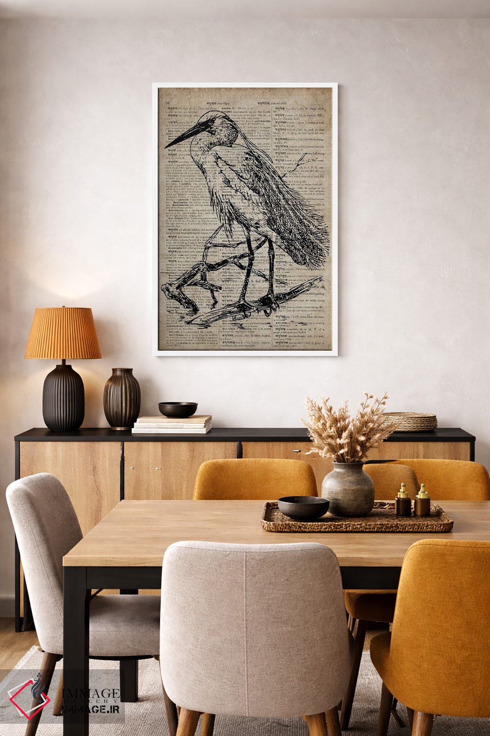 تابلو دکوراتیو چاپ کنده کاری حواصیل XI روی کاغذ دیکشنر قدیمی اثر فیشرکرافت - D4W