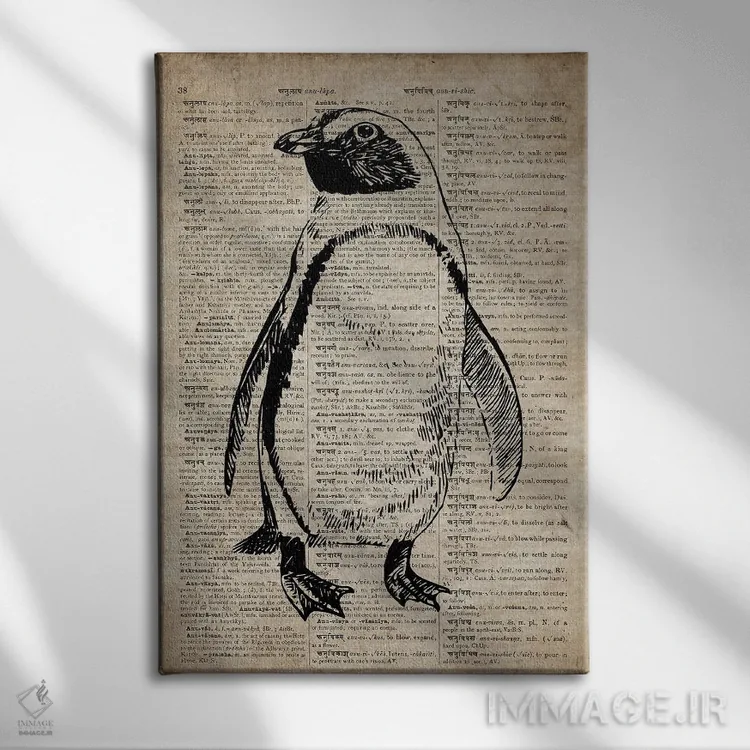 تابلو دکوراتیو چاپ کنده کاری پنگوئن VIII روی کاغذ دیکشنر قدیمی اثر فیشرکرافت - نمای روبهرو روی دیوار