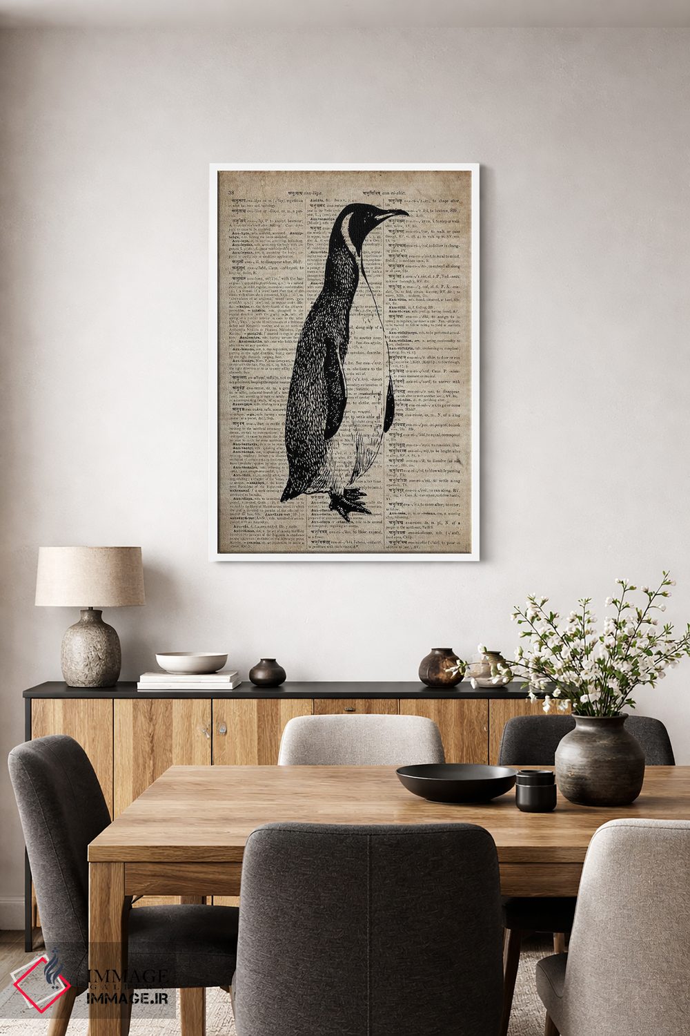 تابلو دکوراتیو چاپ کنده کاری پنگوئن IX روی کاغذ دیکشنر قدیمی اثر فیشرکرافت - D4W