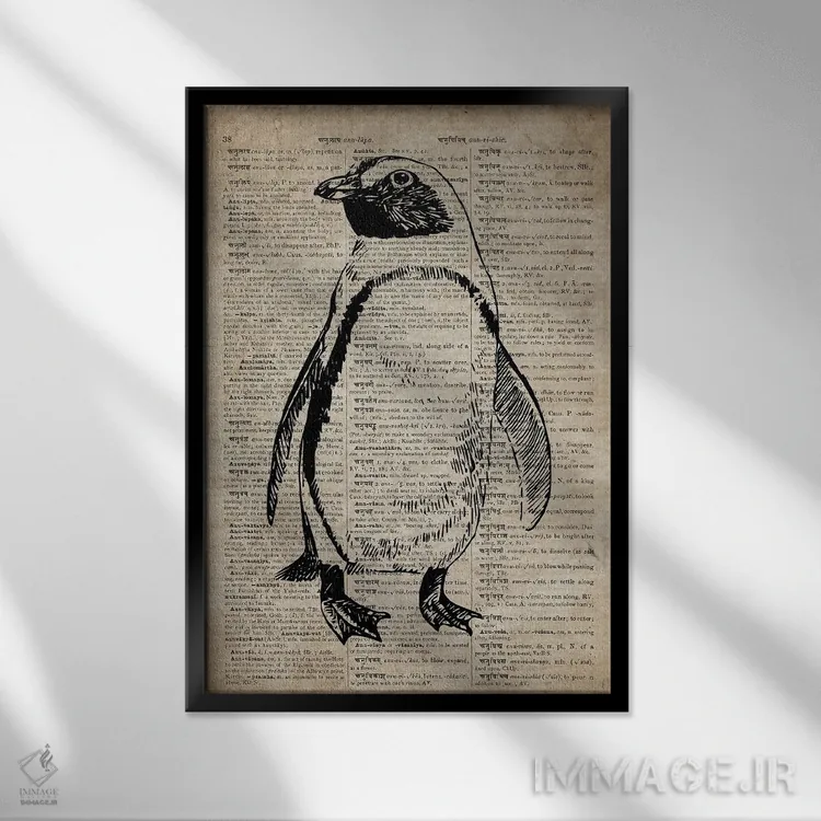 تابلو دکوراتیو چاپ کنده کاری پنگوئن VIII روی کاغذ دیکشنر قدیمی اثر فیشرکرافت - نمای قابدار مشکی