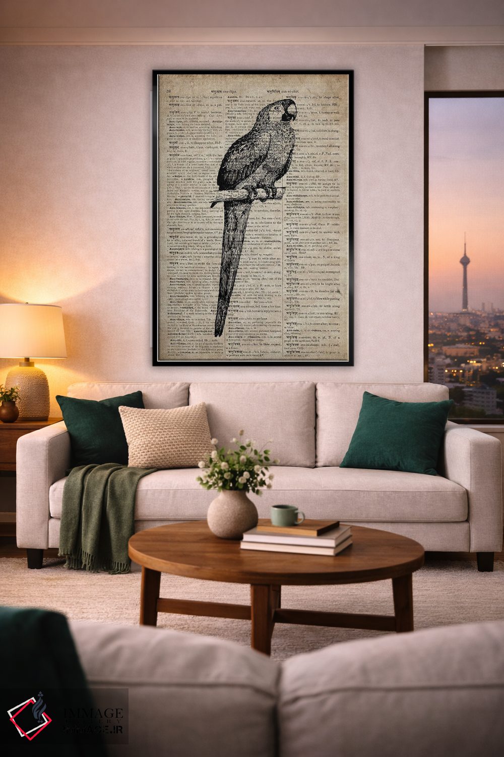 تابلو دکوراتیو چاپ کنده کاری طوطی VII روی کاغذ دیکشنر قدیمی اثر فیشرکرافت - D2B