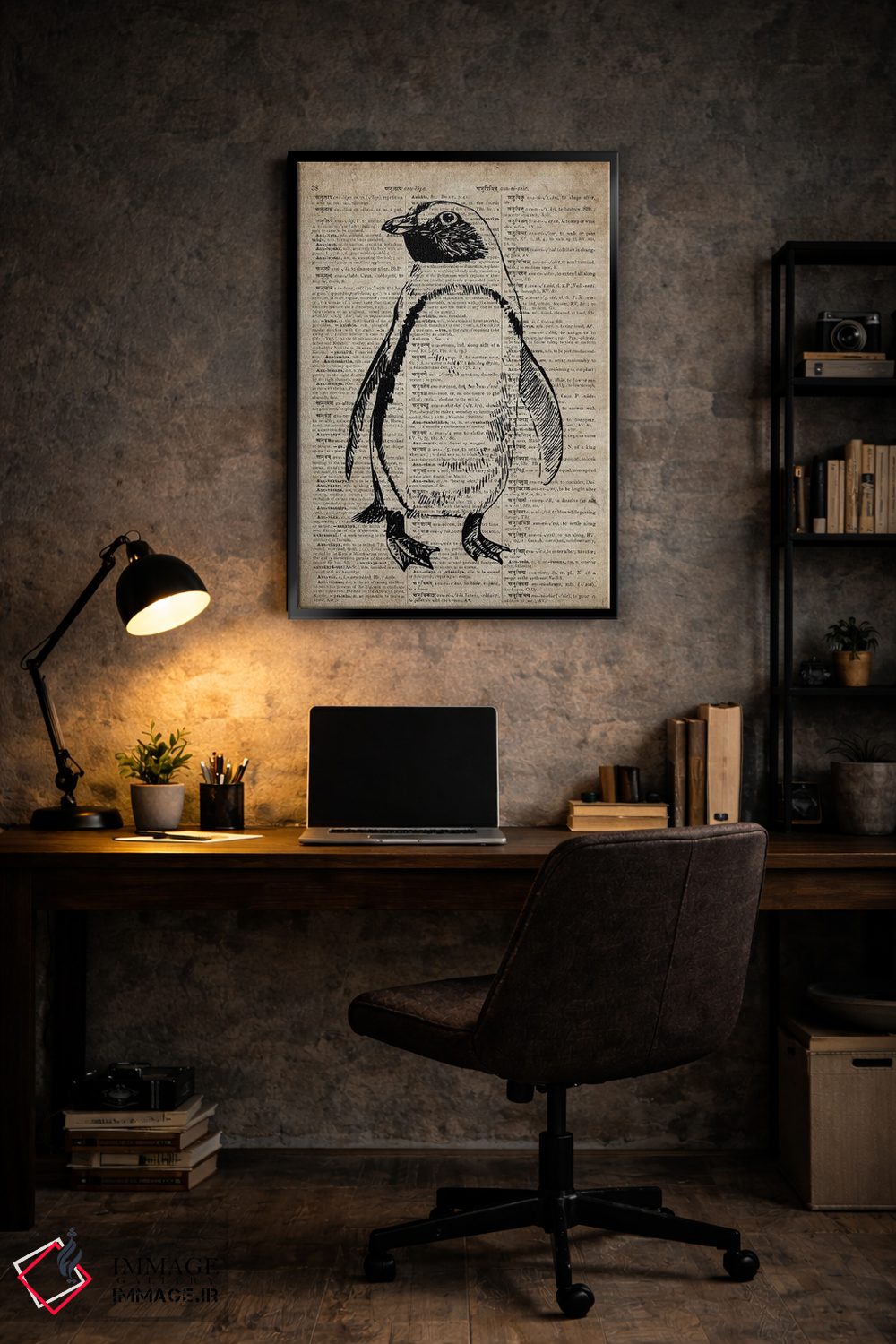 تابلو دکوراتیو چاپ کنده کاری پنگوئن VIII روی کاغذ دیکشنر قدیمی اثر فیشرکرافت - D6B