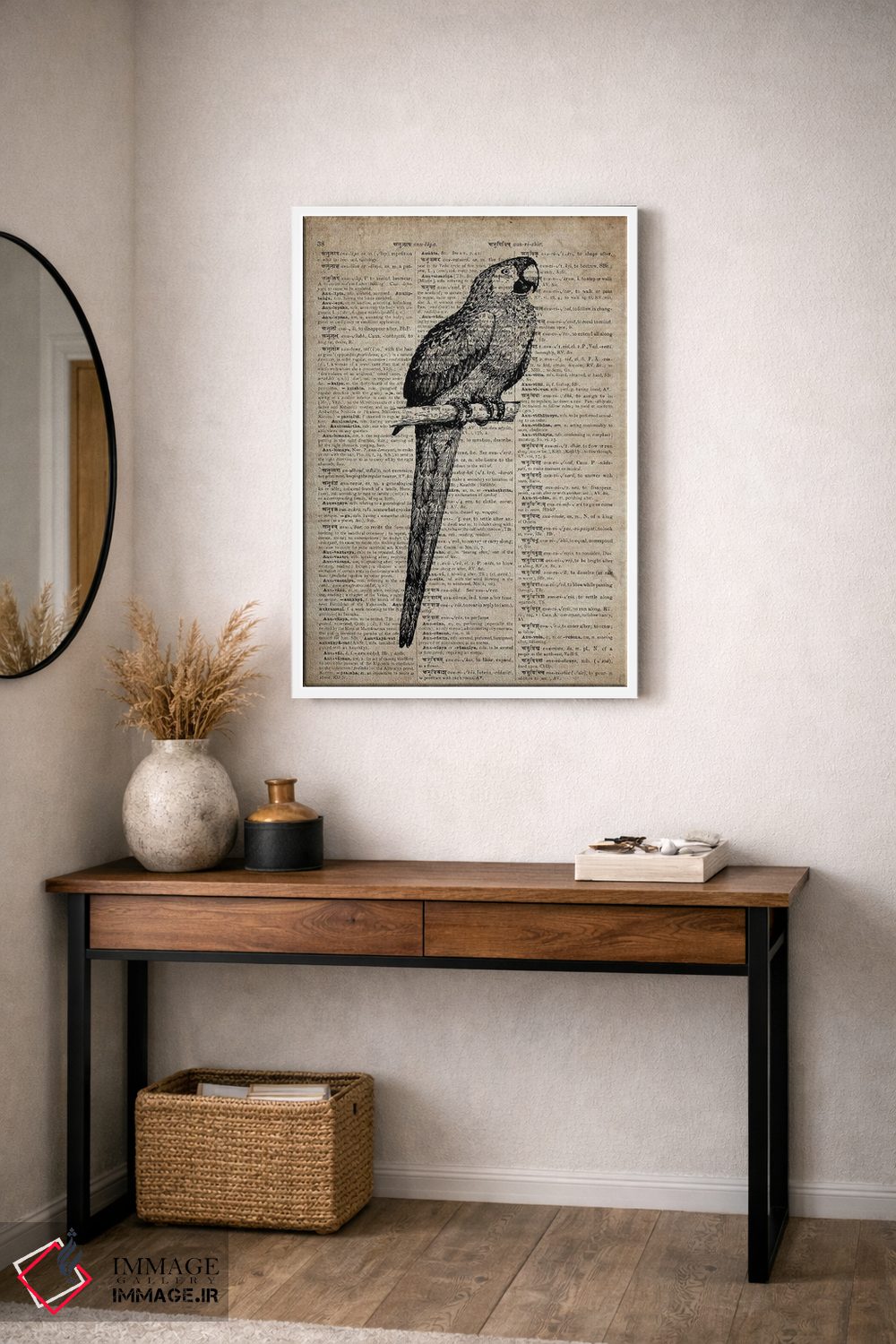 تابلو دکوراتیو چاپ کنده کاری طوطی VII روی کاغذ دیکشنر قدیمی اثر فیشرکرافت - D3W