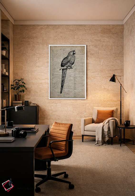تابلو دکوراتیو چاپ کنده کاری طوطی VII روی کاغذ دیکشنر قدیمی اثر فیشرکرافت - D6W