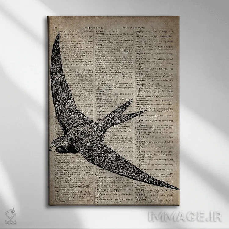 تابلو دکوراتیو چاپ کنده کاری پرستو X روی کاغذ دیکشنر قدیمی اثر فیشرکرافت - نمای روبهرو روی دیوار