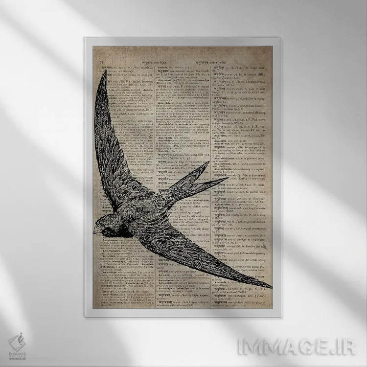 تابلو دکوراتیو چاپ کنده کاری پرستو X روی کاغذ دیکشنر قدیمی اثر فیشرکرافت - نمای قابدار سفید