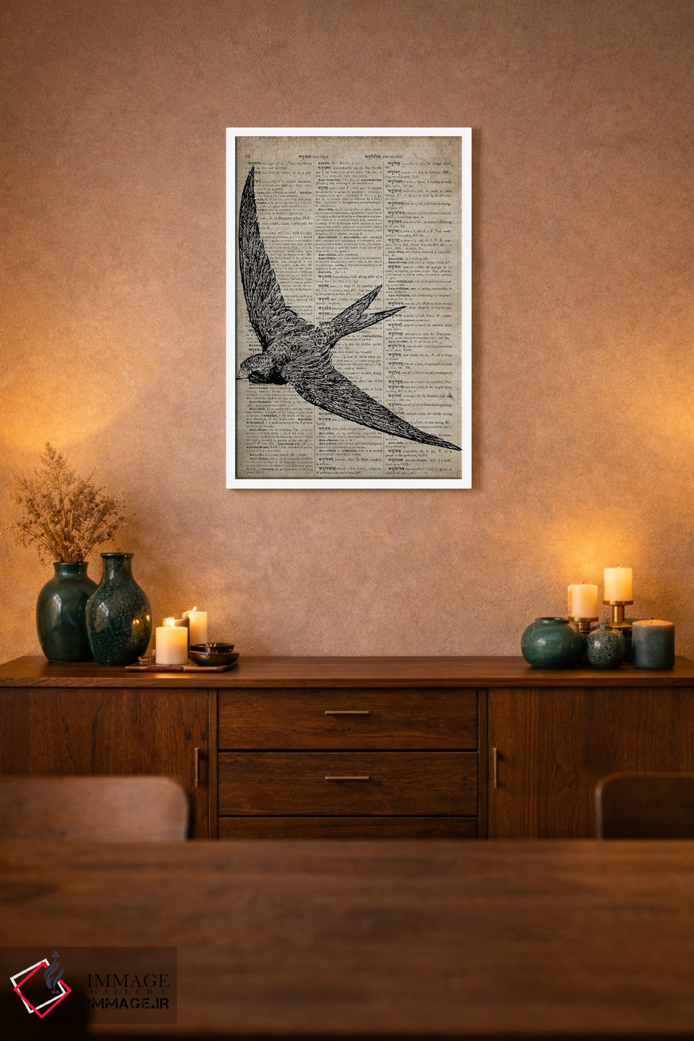 تابلو دکوراتیو چاپ کنده کاری پرستو X روی کاغذ دیکشنر قدیمی اثر فیشرکرافت - D1W
