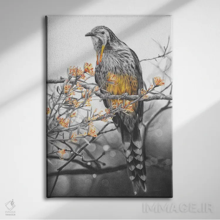 تابلو دکوراتیو پرنده زرآویز زرد اثر فیونا فرانسوا - نمای روبهرو روی دیوار