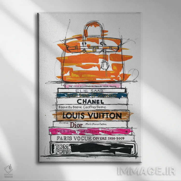 تابلو دکوراتیو کیف برکین و کتاب های مد اثر فرانک باندا - نمای روبهرو روی دیوار