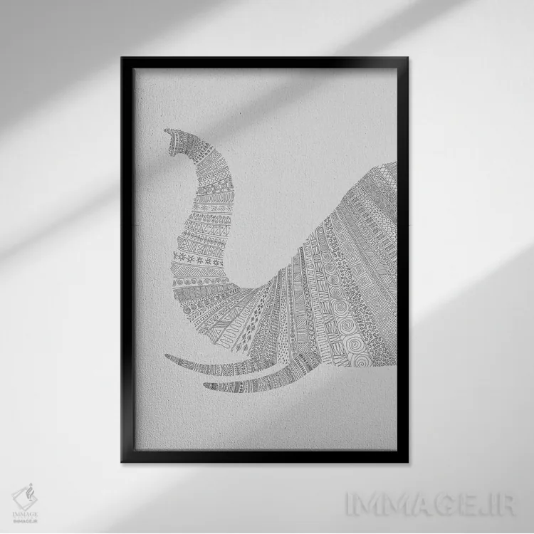 تابلو دکوراتیو فیل روی زمینه خاکستری اثر فلوران بدار - نمای قابدار مشکی