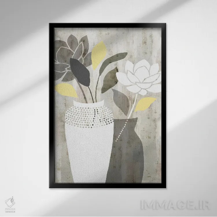 تابلو انتزاعی طبیعت بی جان لیمویی-خاکستری ۱ اثر فلورا کوتا - نمای قابدار مشکی
