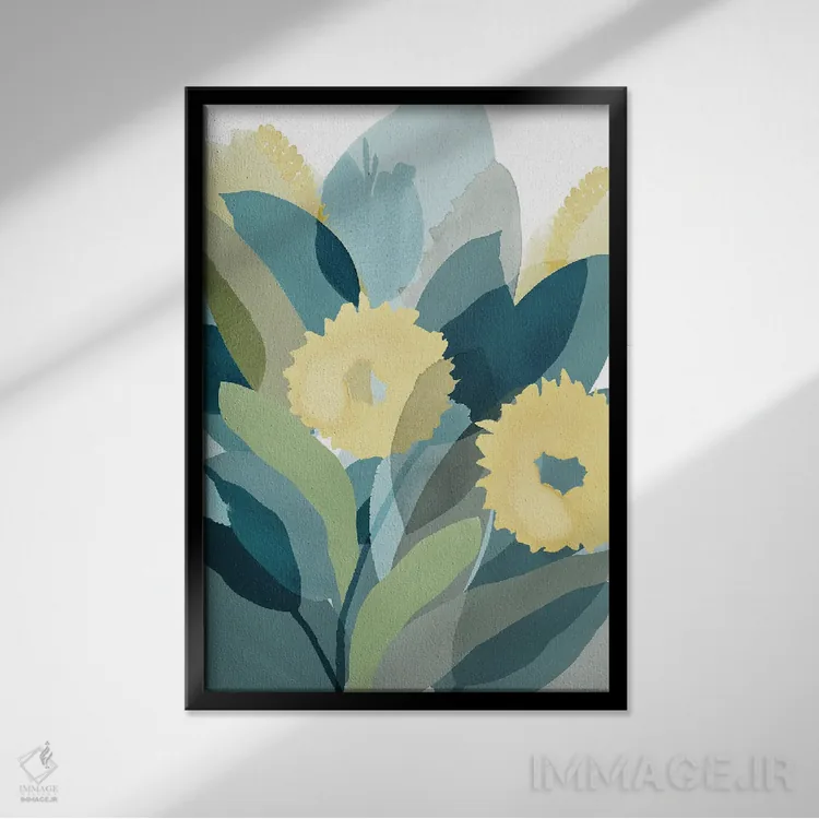 تابلو مینیمال گل دار زرد و سبزآبی ۳ اثر فلورا کوتا - نمای قابدار مشکی