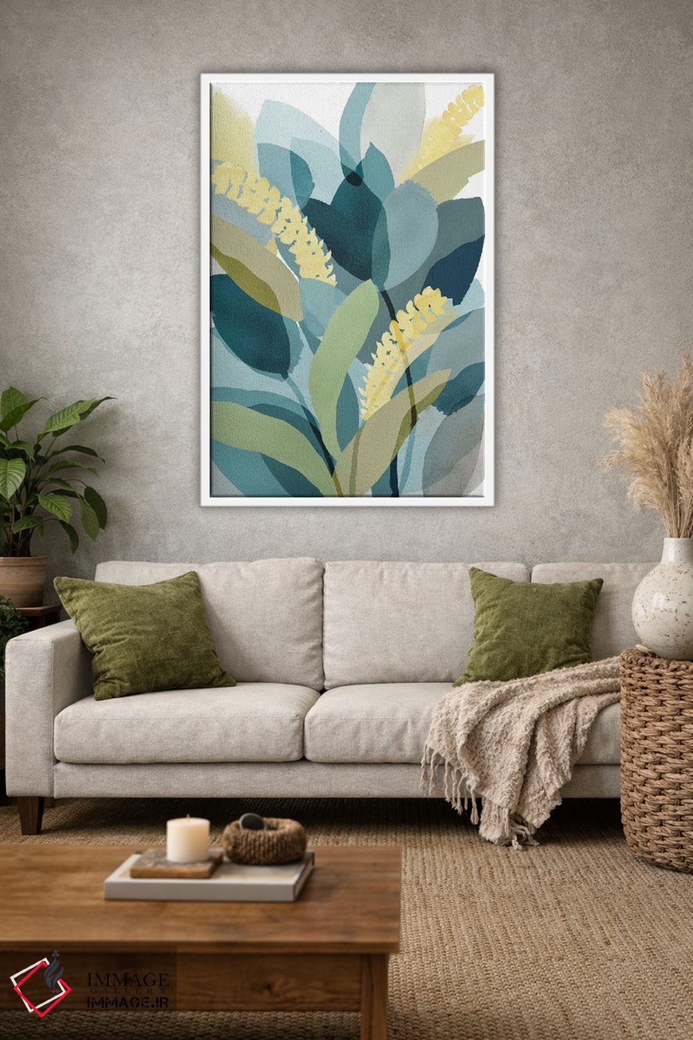 تابلو مینیمال گل دار زرد و سبزآبی ۲ اثر فلورا کوتا - D1W