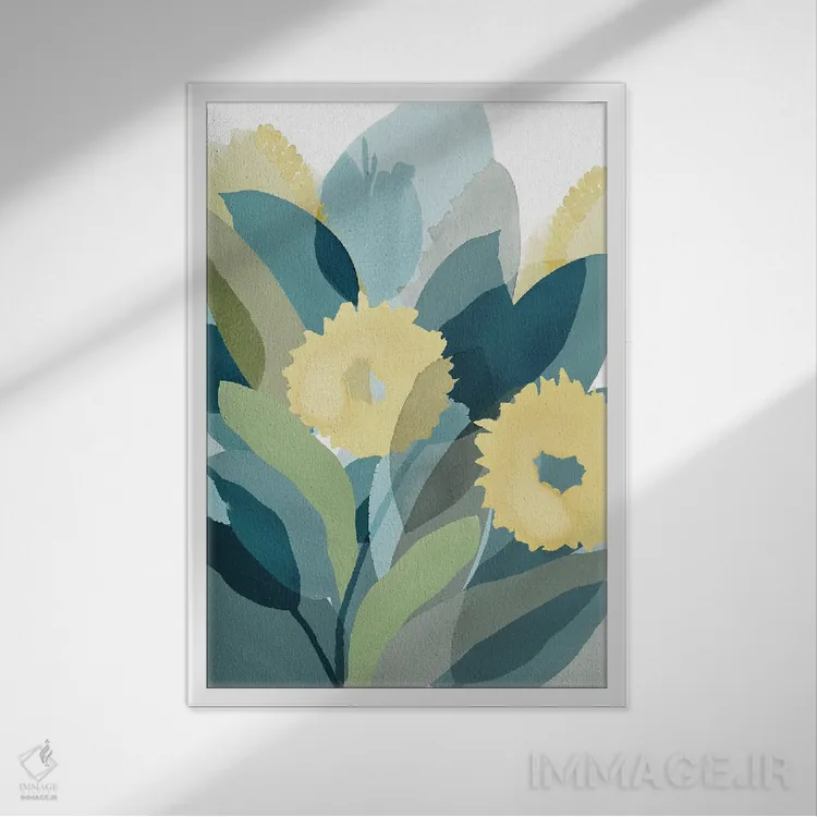 تابلو مینیمال گل دار زرد و سبزآبی ۳ اثر فلورا کوتا - نمای قابدار سفید