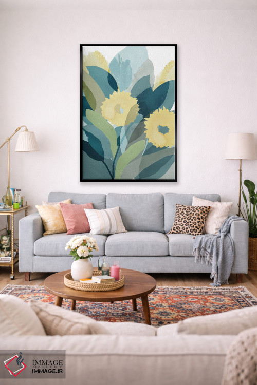 تابلو مینیمال گل دار زرد و سبزآبی ۳ اثر فلورا کوتا - D1B