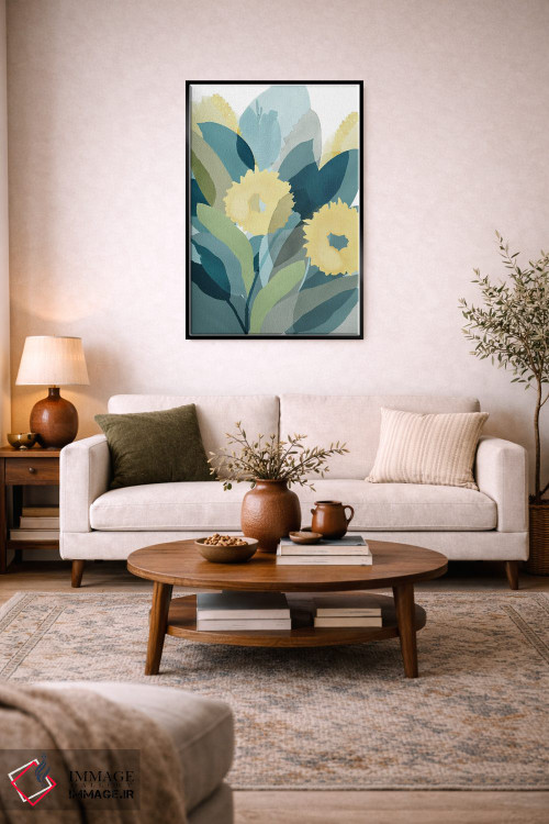 تابلو مینیمال گل دار زرد و سبزآبی ۳ اثر فلورا کوتا - D4B