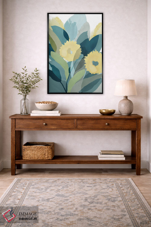 تابلو مینیمال گل دار زرد و سبزآبی ۳ اثر فلورا کوتا - D5B