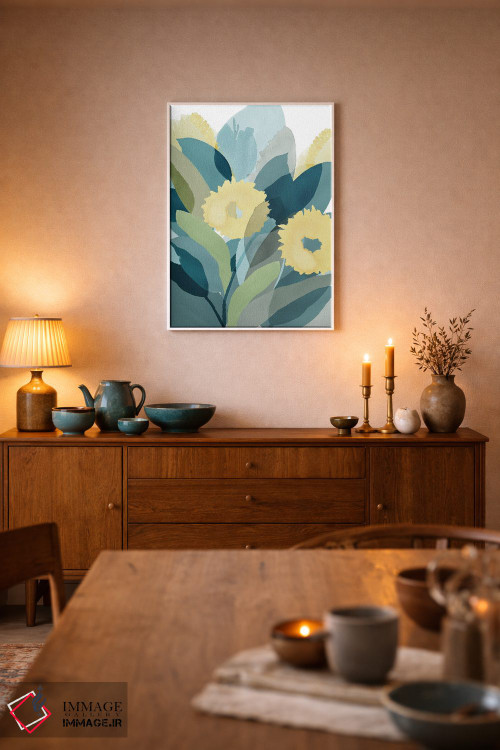 تابلو مینیمال گل دار زرد و سبزآبی ۳ اثر فلورا کوتا - D6W