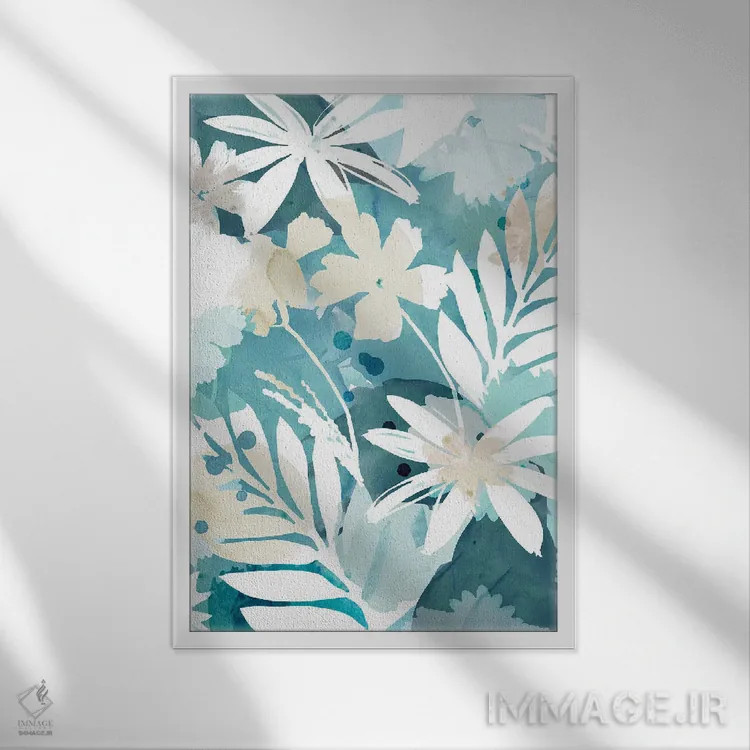 تابلو مینیمال طرح گل آبی ملایم ۱ اثر فلورا کوتا - نمای قابدار سفید