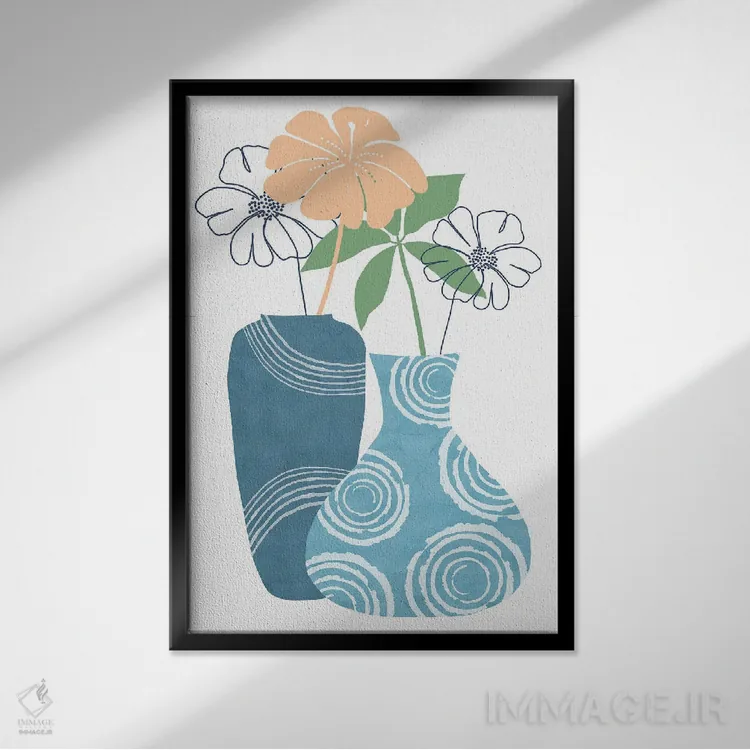 تابلو دکوراتیو ظروف تزئینی آبی ۲ اثر فلورا کوتا - نمای قابدار مشکی