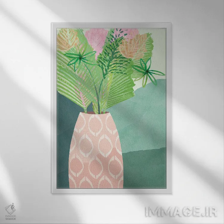 تابلو دکوراتیو گلدان نخل رنگارنگ I اثر فلورا کوتا - نمای قابدار سفید