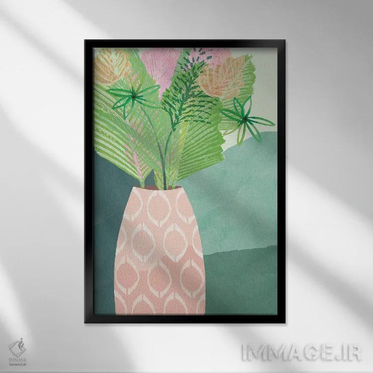 تابلو دکوراتیو گلدان نخل رنگارنگ I اثر فلورا کوتا - نمای قابدار مشکی