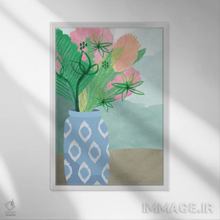تابلو دکوراتیو گلدان نخل رنگارنگ II اثر فلورا کوتا - نمای قابدار سفید