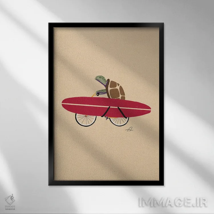تابلو دکوراتیو لاک پشت دوچرخه سوار اثر فابیان لاواتر - نمای قابدار مشکی