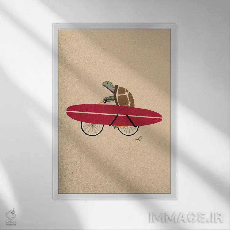 تابلو دکوراتیو لاک پشت دوچرخه سوار اثر فابیان لاواتر - نمای قابدار سفید