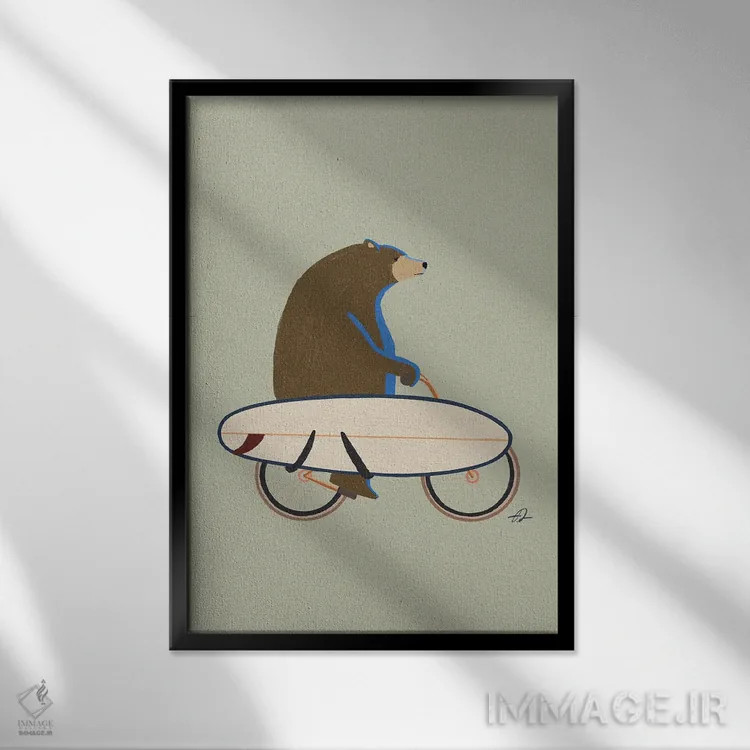 تابلو دکوراتیو خرس گریزلی دوچرخه سوار اثر فابیان لاواتر - نمای قابدار مشکی