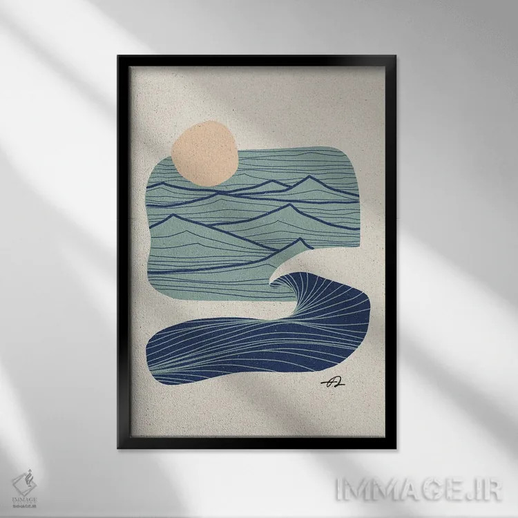 تابلو مینیمال خطوط اقیانوس و کوهستان اثر فابیان لاواتر - نمای قابدار مشکی