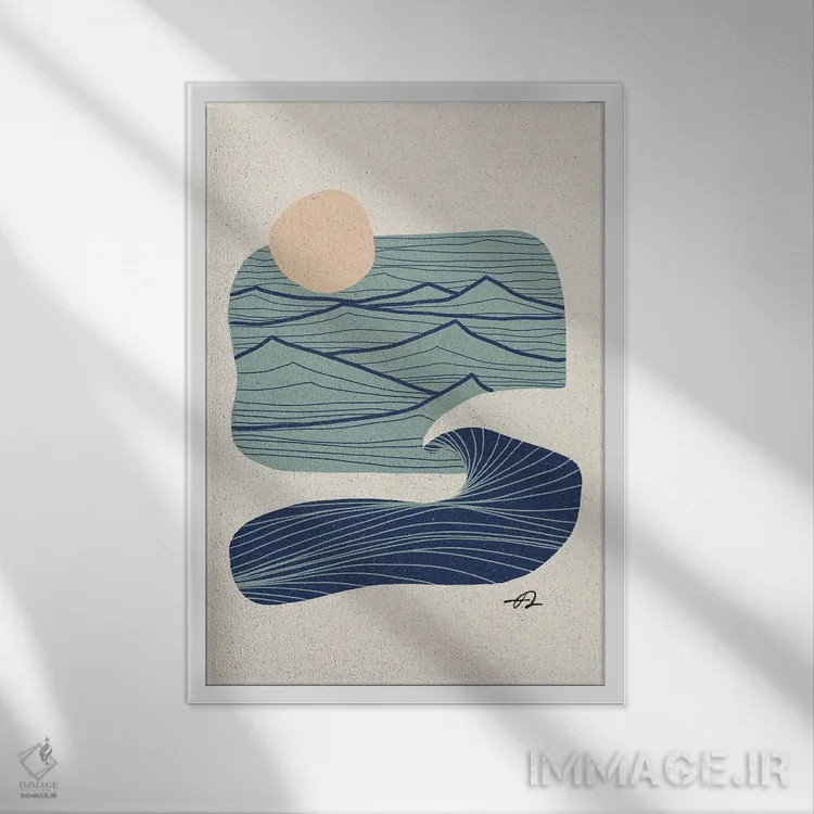 تابلو مینیمال خطوط اقیانوس و کوهستان اثر فابیان لاواتر - نمای قابدار سفید