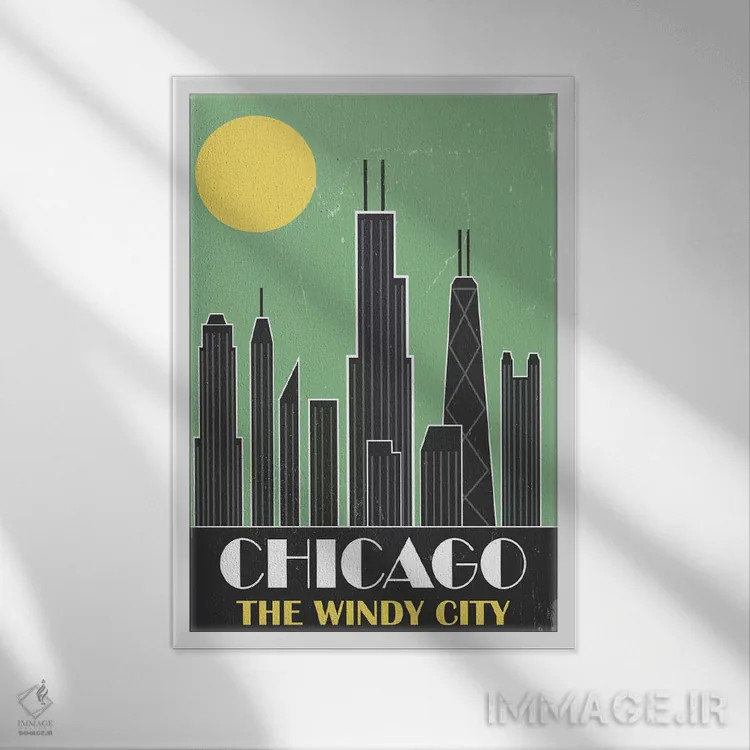 تابلو مدرن شیکاگو، سبز اثر فلای گرافیکس - نمای قابدار سفید