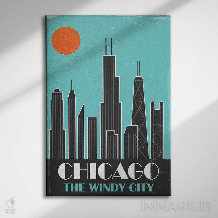 تابلو مدرن شیکاگو، آبی آسمانی اثر فلای گرافیکس - نمای روبهرو روی دیوار