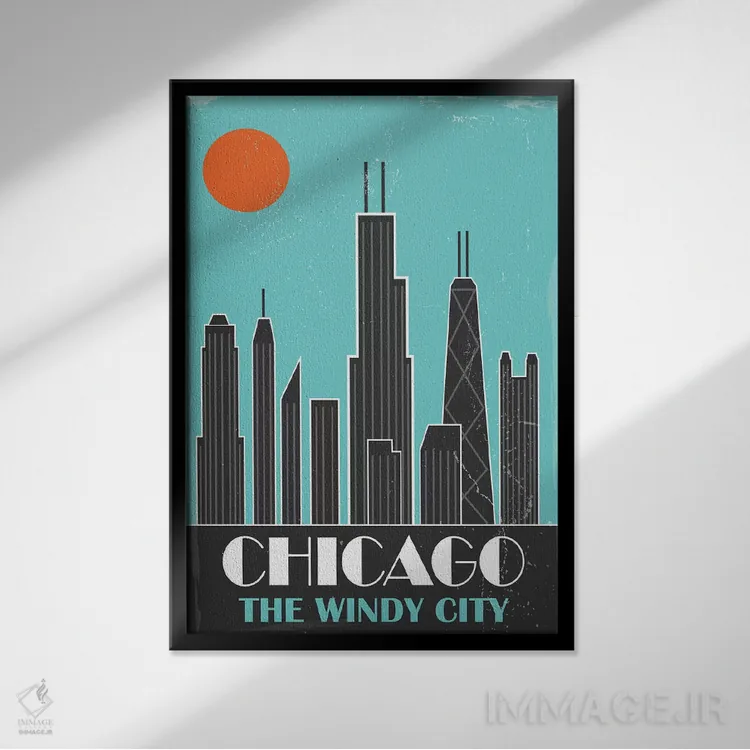 تابلو مدرن شیکاگو، آبی آسمانی اثر فلای گرافیکس - نمای قابدار مشکی